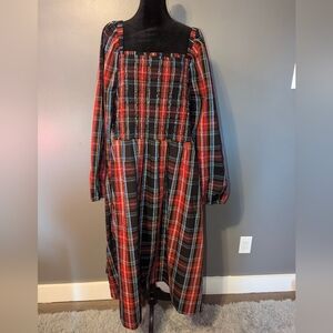 Draper James Red Pullover Plaid Smocked Long Sleeve Midi Dress Size 2XL NWOT